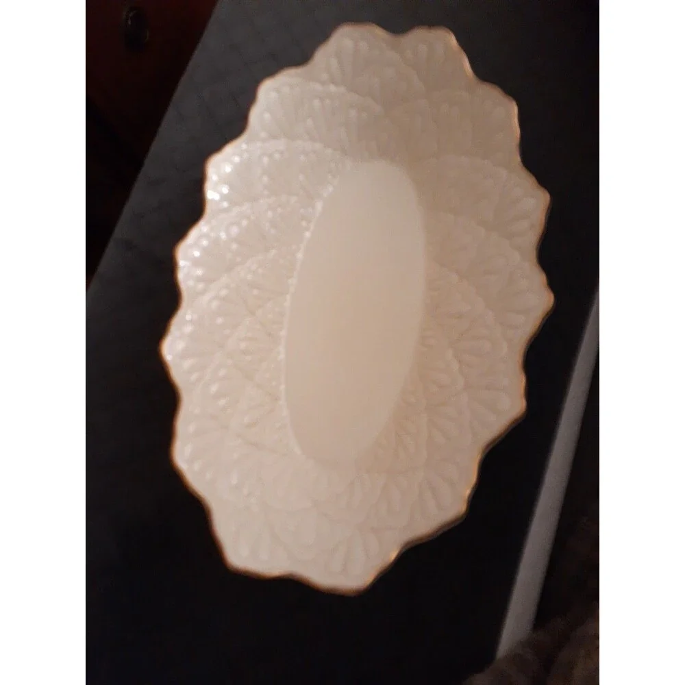Lenox Jacquard Oval Serving Trinket Candy Dish Bowl White 9 1/2